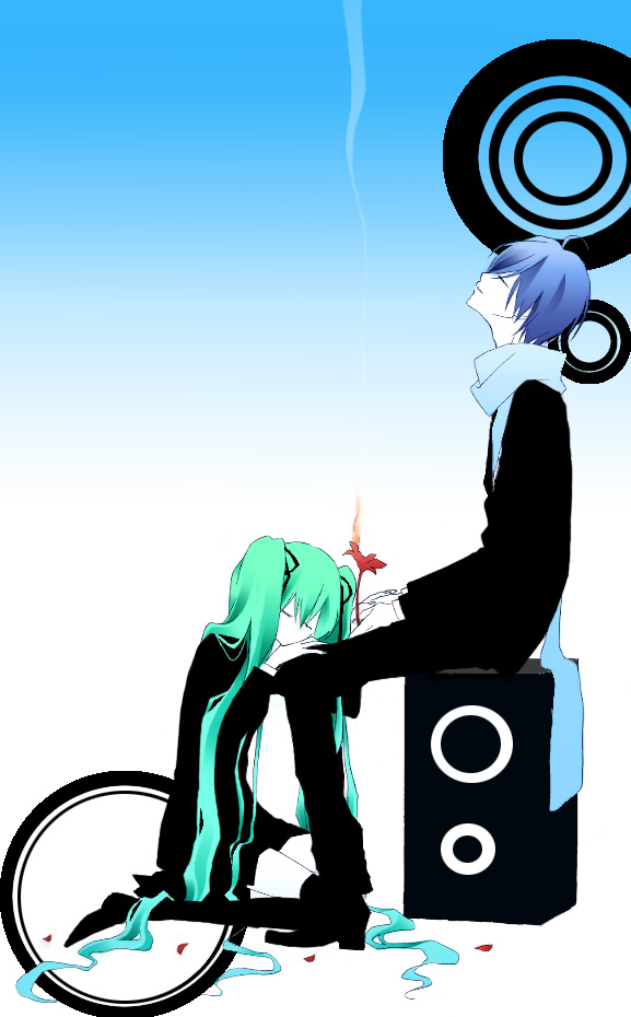 naoto (tulip), hatsune miku, hatsune miku (saihate), kaito (vocaloid), saihate (vocaloid), vocaloid, bad id, bad pixiv id, 1boy, 1girl, aqua hair, blue hair, blue scarf, boots, closed eyes, colored skin, flower, gradient background, hetero, holding hands, lap pillow, long hair, long sleeves, nail polish, pants, petals, red flower, scarf, sitting, skirt, smoke, speaker, thighhighs, twintails, very long hair, white skin