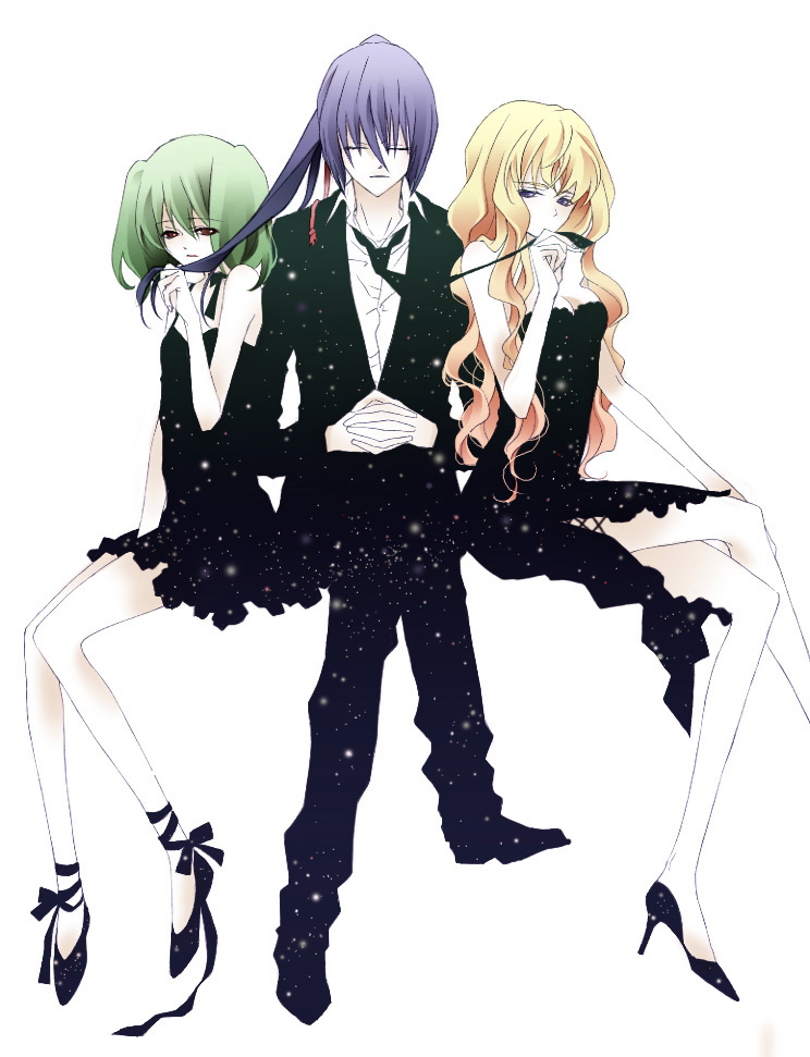 naoto (tulip), ranka lee, saotome alto, sheryl nome, macross, macross frontier, bad id, bad pixiv id, 00s, 1boy, 2girls, bare shoulders, black dress, blonde hair, collarbone, crossed legs, dress, formal clothes, full body, green hair, looking at viewer, multiple girls, pants, ponytail, purple hair, shoes, short hair, simple background, sitting, suit, white background