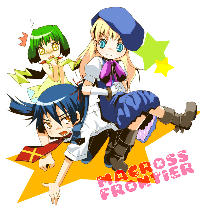 yube, ranka lee, saotome alto, sheryl nome, girls und panzer, macross, macross frontier, bad id, bad pixiv id, 00s, 10s, 1boy, 2girls, ^^^, beret, blonde hair, blush, falling, full body, green hair, hat, looking at viewer, lying, multiple girls, on stomach, ponytail, school uniform, short hair, sitting, surprised, sweatdrop, tears, white background, yellow eyes