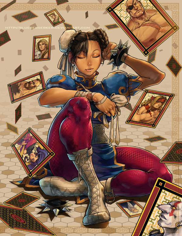 blueberserker, alex (street fighter), chun-li, guile, necro (street fighter), rose (street fighter), sagat, vega (street fighter), zangief, capcom, street fighter, street fighter iii (series), bad deviantart id, bad id, 1girl, bracelet, brown hair, bun cover, card, china dress, chinese clothes, closed eyes, double bun, dress, female focus, floating card, flower, freckles, hair bun, jewelry, pantyhose, pelvic curtain, sitting, solo, spiked bracelet, spikes
