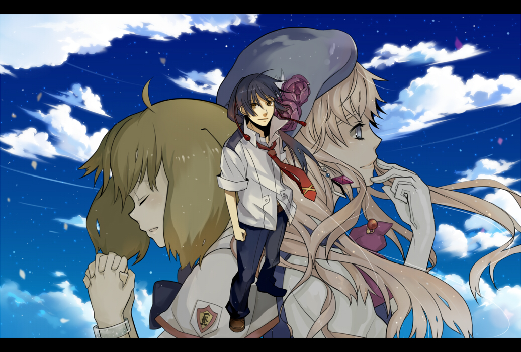 jan (12885), ranka lee, saotome alto, sheryl nome, macross, macross frontier, bad id, bad pixiv id, 00s, 1boy, 2girls, ahoge, day, from above, full body, letterboxed, multiple girls, praying, school uniform, sky