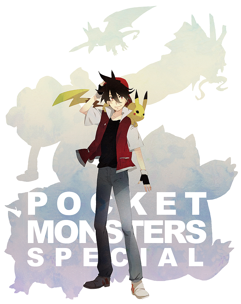 kunimitsu (9nimi2), pikachu, red (pokemon), nintendo, pokemon, pokemon adventures, bad id, bad pixiv id, 1boy, backwards hat, black hair, denim, fingerless gloves, gen 1 pokemon, gloves, hat, male focus, pokemon (creature), popped collar, red eyes, shoes, smile, sneakers