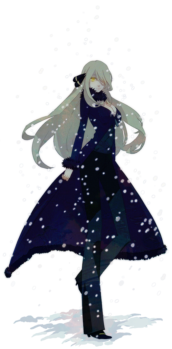 kunimitsu (9nimi2), cynthia (pokemon), nintendo, pokemon, pokemon dppt, long image, tall image, 00s, 1girl, blonde hair, breasts, cleavage, female focus, hair ornament, hair over one eye, large breasts, long hair, simple background, snow, solo, white background, yellow eyes