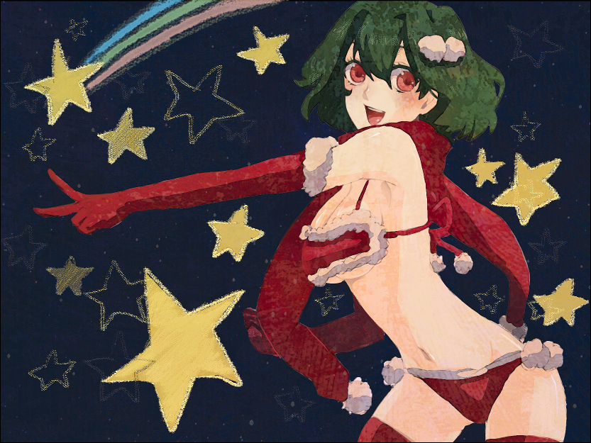 kunimitsu (9nimi2), ranka lee, macross, macross frontier, bad id, bad pixiv id, 00s, christmas, green hair, navel, red eyes, santa costume, solo, thighhighs