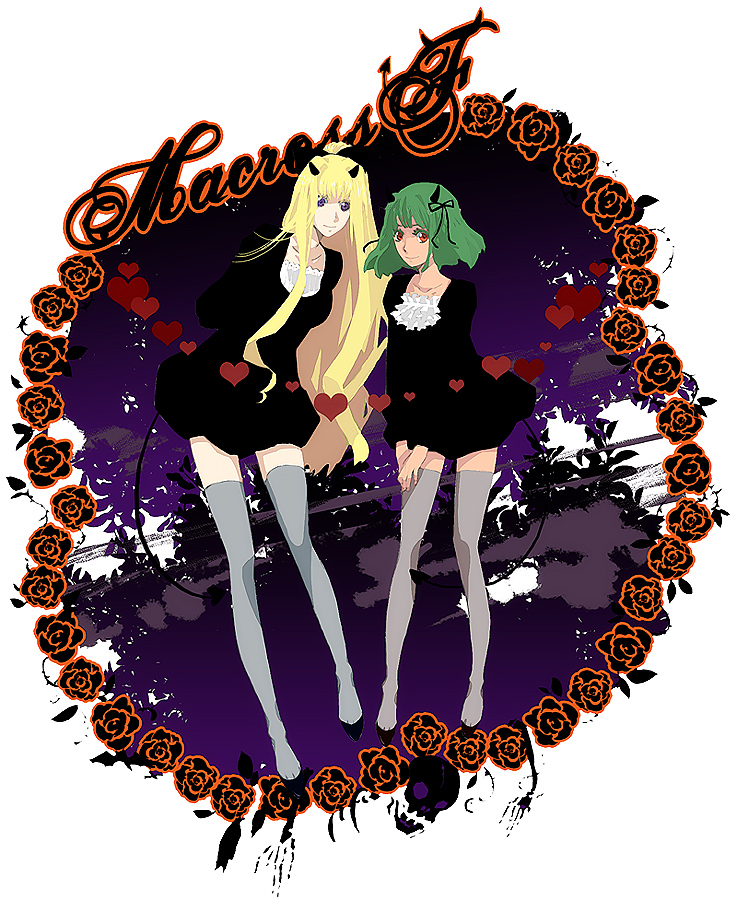 kunimitsu (9nimi2), ranka lee, sheryl nome, macross, macross frontier, grey legwear, 00s, 2girls, blonde hair, blue eyes, full body, green eyes, green hair, hairband, legs, looking at viewer, multiple girls, short hair, simple background, standing, thighhighs, white background, zettai ryouiki