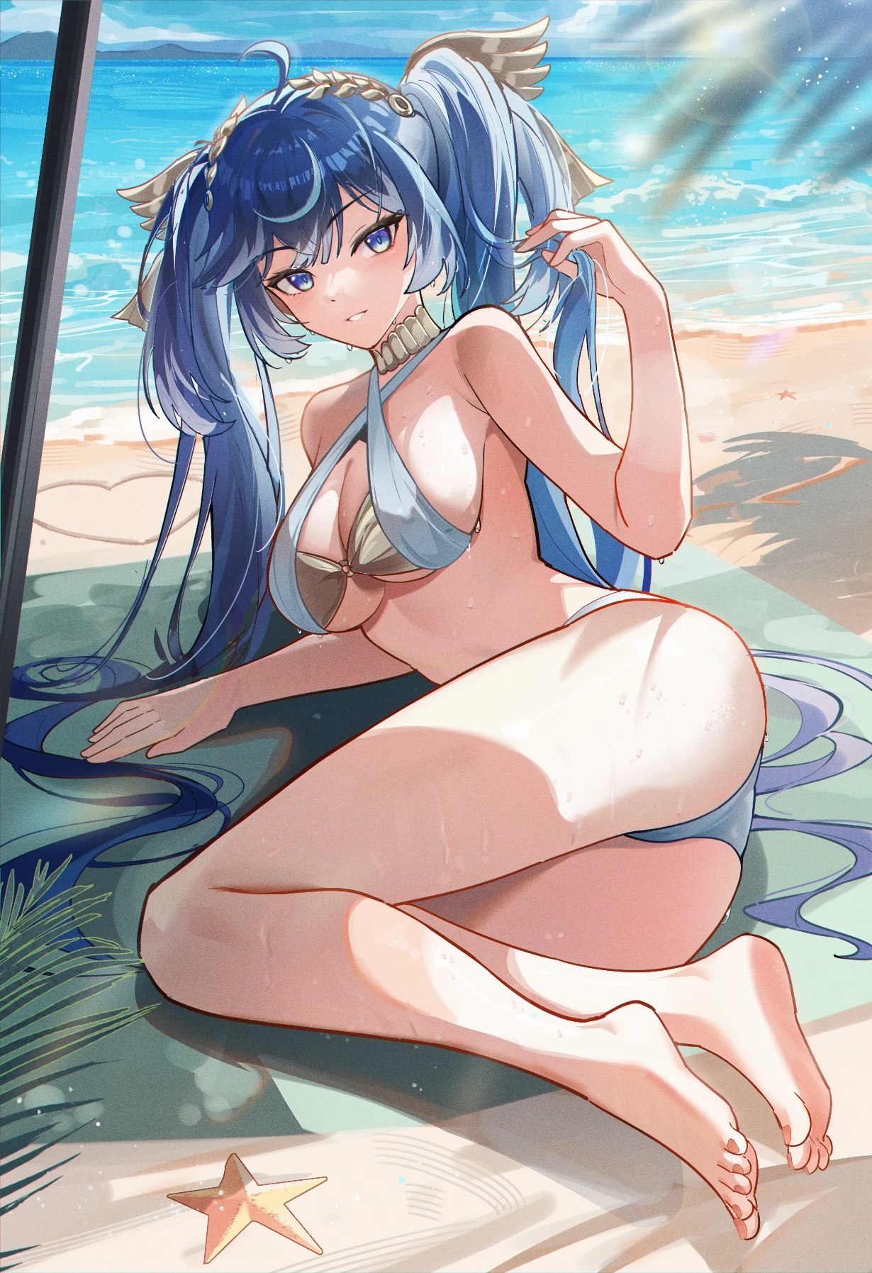 laosi j, iuno (wuthering waves), wuthering waves, highres, 1girl, ahoge, alternate costume, arm support, ass, bare legs, bare shoulders, barefoot, beach towel, blue eyes, blue hair, breasts, cleavage, criss-cross halter, feet, full body, halterneck, hand up, large breasts, laurel crown, legs, long hair, looking at viewer, missing commentary, multicolored hair, ocean, outdoors, parted lips, shore, smile, solo, starfish, streaked hair, thighs, toes, towel, twintails, very long hair, wet
