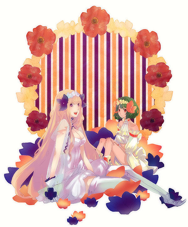 kunimitsu (9nimi2), ranka lee, sheryl nome, macross, macross frontier, striped, 00s, 2girls, :d, bare shoulders, blonde hair, boots, choker, detached sleeves, dress, flower, frills, full body, gloves, green hair, hair flower, hair ornament, head wreath, long hair, looking at viewer, midriff, multiple girls, open mouth, red eyes, ribbon, see-through clothes, short hair, sitting, skirt, smile, thigh boots, thighhighs