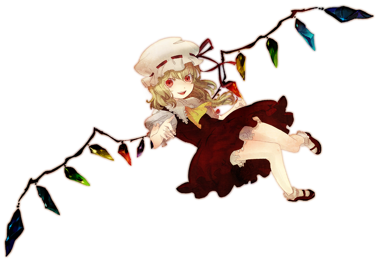 kunimitsu (9nimi2), flandre scarlet, touhou, bad id, bad pixiv id, 1girl, ascot, blonde hair, bloomers, dress, female focus, frilled shirt collar, frills, hat, hat ribbon, mary janes, mob cap, open mouth, pointing, pointing at viewer, puffy short sleeves, puffy sleeves, red dress, red eyes, red ribbon, ribbon, shoes, short sleeves, simple background, socks, solo, teeth, underwear, white background, white hat, wings, yellow ascot