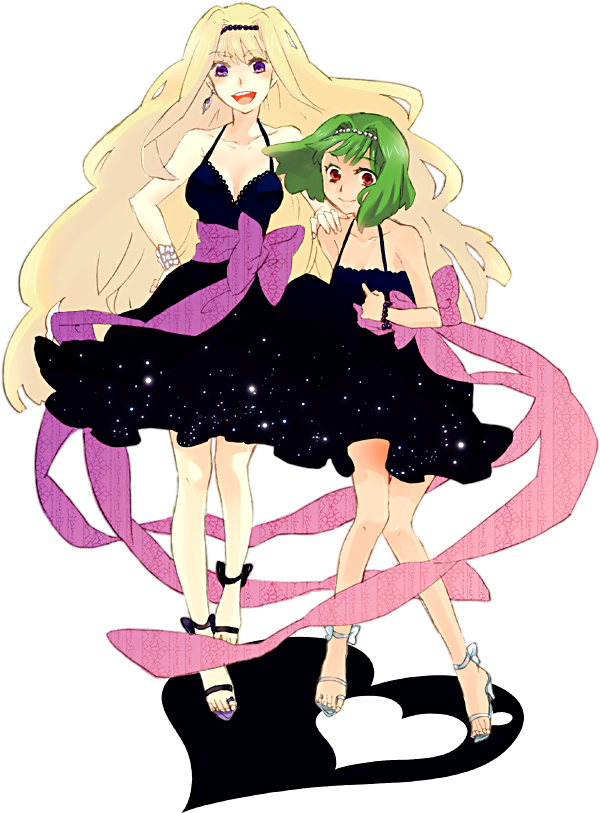 kunimitsu (9nimi2), ranka lee, sheryl nome, macross, macross frontier, 00s, 2girls, armpits, bare shoulders, belt, black dress, blonde hair, blue eyes, breasts, cleavage, collarbone, dress, green hair, heart, legs, long hair, looking at viewer, medium breasts, multiple girls, red eyes, short hair, sleeveless, sleeveless dress, small breasts, standing, very long hair