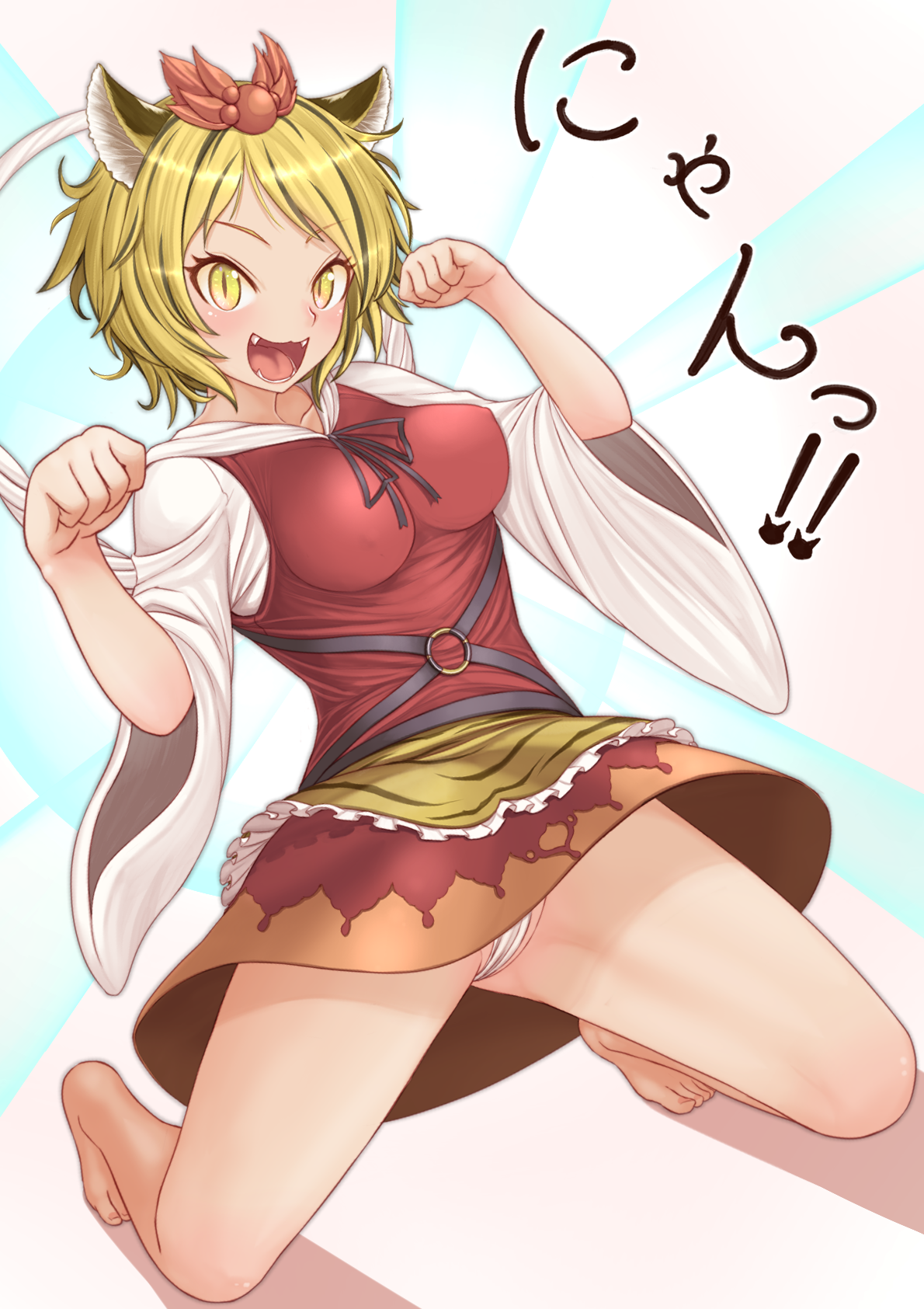harunoha, toramaru shou, touhou, commentary request, highres, 1girl, animal ears, barefoot, black hair, black ribbon, blonde hair, blue background, blush, breasts, cat day, cat ears, cat girl, dress, fangs, full body, hair ornament, impossible clothes, impossible dress, kemonomimi mode, kneeling, long sleeves, looking at viewer, medium breasts, multicolored hair, neck ribbon, open mouth, panties, paw pose, pinafore dress, red dress, ribbon, shirt, short hair, sleeveless, sleeveless dress, slit pupils, solo, streaked hair, sunburst, sunburst background, underwear, white background, white panties, white shirt, wide sleeves, yellow eyes