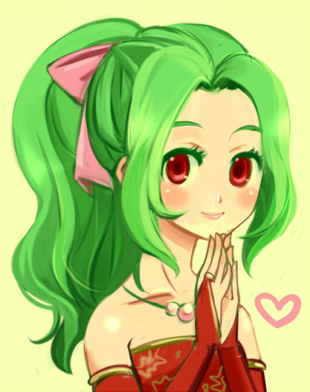 shio (orange lounge), tina branford, final fantasy, final fantasy vi, 1990s (style), 1girl, bow, female focus, green hair, heart, pink bow, ponytail, red eyes, retro artstyle, simple background, solo