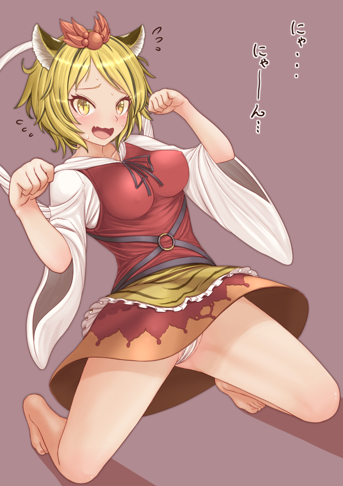 harunoha, toramaru shou, touhou, commentary request, highres, 1girl, animal ears, barefoot, black hair, black ribbon, blonde hair, blush, breasts, brown background, cat day, cat ears, cat girl, dress, embarrassed, fang, flying sweatdrops, full body, hair ornament, impossible clothes, impossible dress, kemonomimi mode, kneeling, long sleeves, looking at viewer, medium breasts, multicolored hair, neck ribbon, open mouth, panties, paw pose, pinafore dress, red dress, ribbon, shirt, short hair, skin fang, sleeveless, sleeveless dress, slit pupils, solo, streaked hair, underwear, white panties, white shirt, wide sleeves, yellow eyes