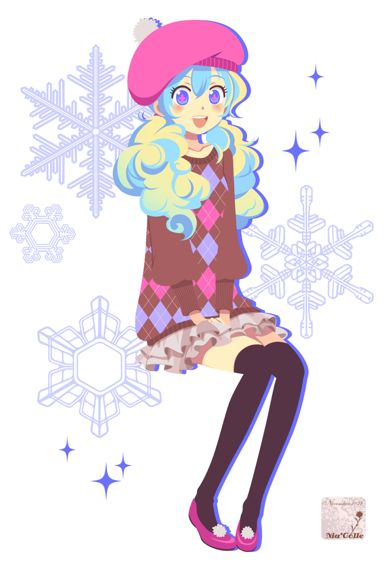 shio (orange lounge), nia teppelin, tengen toppa gurren lagann, argyle, + +, 00s, beret, black thighhighs, cross-shaped pupils, fashion, hat, multicolored hair, open mouth, sitting, skirt, snowflakes, solo, symbol-shaped pupils, thighhighs, zettai ryouiki