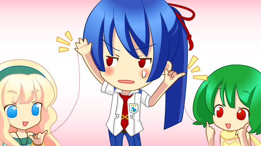 shio (orange lounge), ranka lee, saotome alto, sheryl nome, iosys, macross, macross frontier, oyome ni shinasai, 1boy, 2girls, gradient background, multiple girls, parody, school uniform, string, string of fate