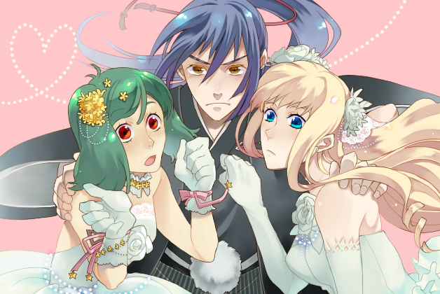 ishida shouji, ranka lee, saotome alto, sheryl nome, macross, macross frontier, bad id, bad pixiv id, 00s, 1boy, 2girls, bride, dress, multiple girls, wedding dress