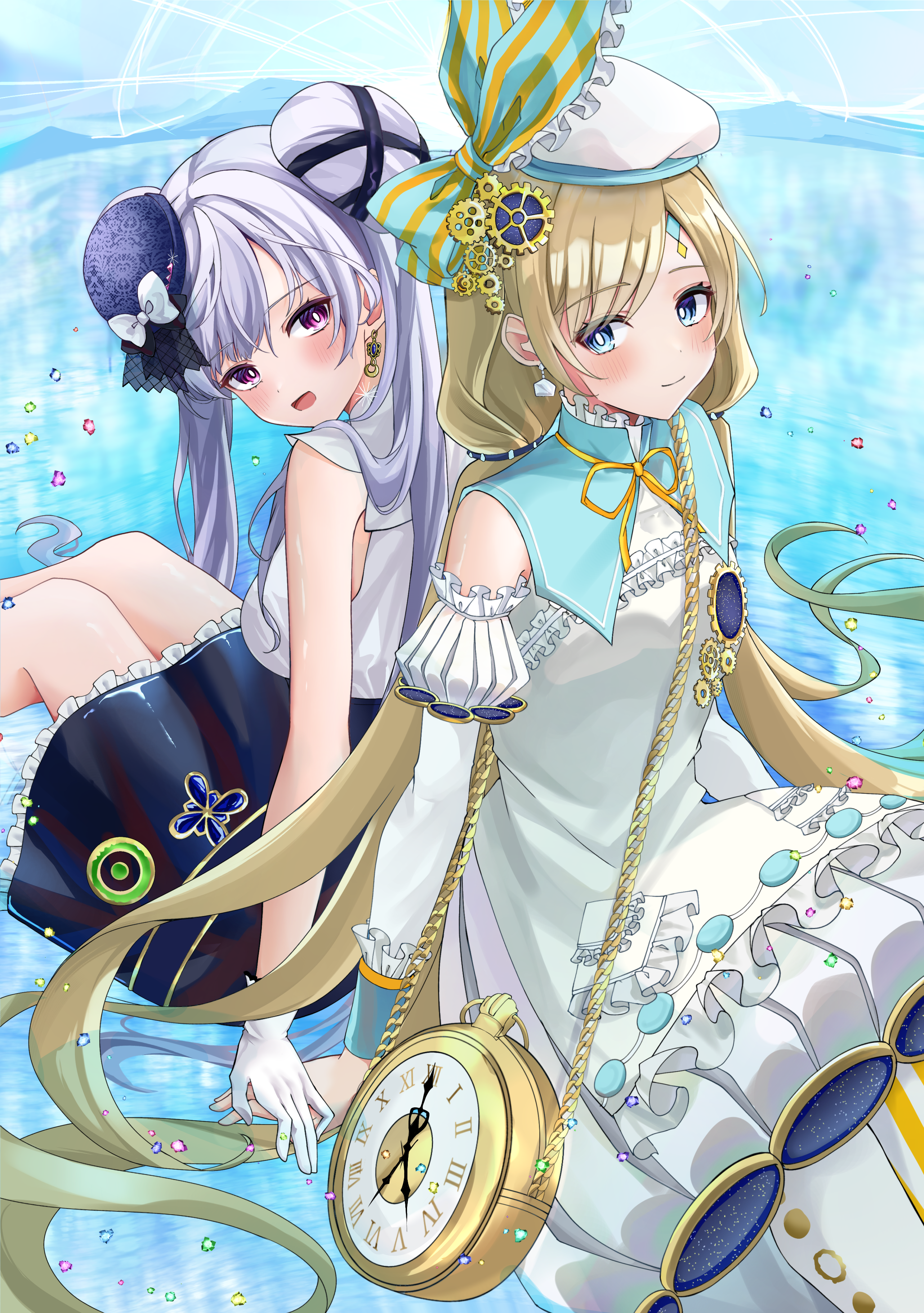 choumiryou, acid (maimai), maimai (game), absurdres, highres, 2girls, back-to-back, blonde hair, blue eyes, blush, bow, chain, dress, earrings, elbow gloves, gloves, hair bow, hair ornament, hat, jewelry, long hair, looking at viewer, multiple girls, open mouth, purple eyes, ris (maimai), sitting, sleeveless, smile, very long hair, white gloves