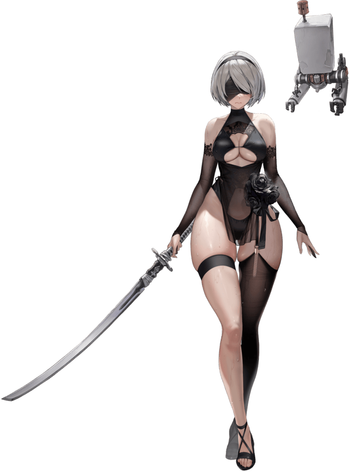 bumcha, 2b (nier:automata), 2b (yorha unofficial waterfront gear) (nikke), pod (nier:automata), goddess of victory: nikke, nier:automata, nier (series), highres, non-web source, official art, 1girl, 1other, alternate costume, black hairband, black one-piece swimsuit, black thighhighs, blindfold, bouncing breasts, breasts, collarbone, crossover, curvy, full body, hairband, highleg, highleg one-piece swimsuit, large breasts, medium hair, narrow waist, official alternate costume, one-piece swimsuit, pelvic curtain, see-through clothes, see-through pelvic curtain, single thighhigh, skindentation, standing, swimsuit, thick thighs, thigh strap, thighhighs, thighs, thong, thong one-piece swimsuit, transparent background, underboob, weapon, white hair, wide hips