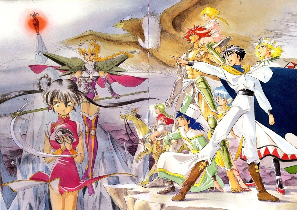 miyao gaku, mano youko, mamono hunter youko, official art, 1990s (style), armor, blonde hair, braid, breastplate, brown hair, cape, china dress, chinese clothes, closed mouth, dress, gloves, holding, holding scythe, holding weapon, leotard, long hair, looking at viewer, multiple boys, multiple girls, purple gloves, purple leotard, purple thighhighs, red cape, red dress, retro artstyle, scythe, shoulder armor, single braid, sleeveless, smile, sword, thighhighs, twintails, weapon, yin yang