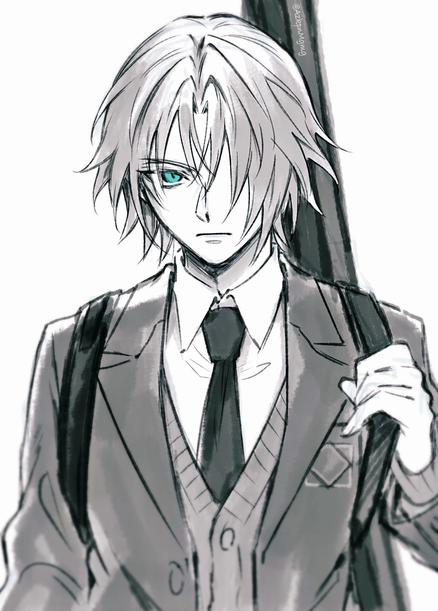 3wa tari, sephiroth, sephiroth (ever crisis), final fantasy, final fantasy vii, final fantasy vii ever crisis, highres, 1boy, aqua eyes, black necktie, cardigan, closed mouth, collared shirt, grey hair, grey jacket, hair over one eye, jacket, looking at viewer, male focus, monochrome, necktie, official alternate costume, parted bangs, school uniform, sephiroth (shinra private academy), shinra electric power company, shirt, short hair, solo, spot color, suit jacket, upper body, weapon, weapon case, weapon on back, white background, white shirt