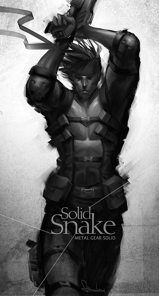 stanley lau, solid snake, metal gear (series), metal gear solid, gun, monochrome, signature, solo, weapon