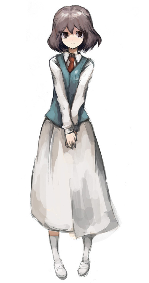 kasa (hitori sanka), helen takahara la guido, helen esp, 1girl, blind, brown eyes, brown hair, female focus, long skirt, necktie, own hands clasped, own hands together, pigeon-toed, short hair, skirt, socks, solo, vest