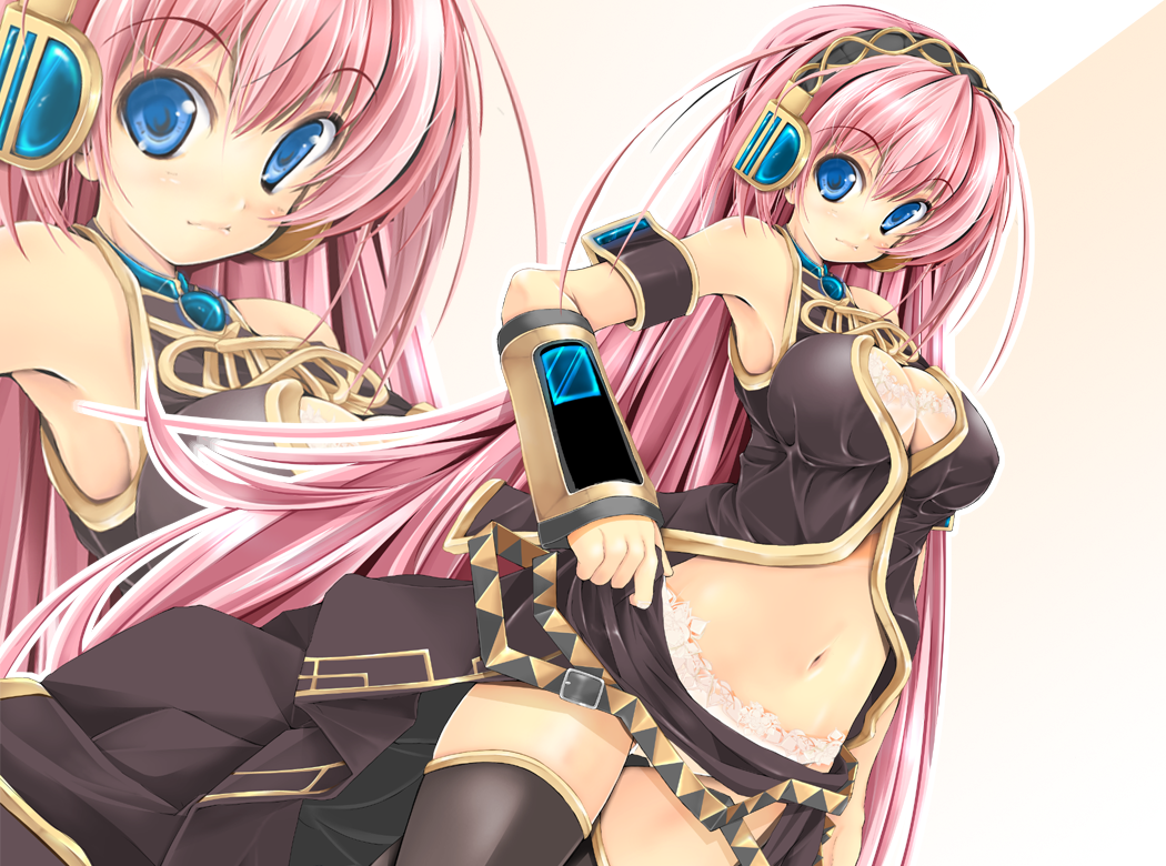 kudou takashi, kuon itsuki, megurine luka, vocaloid, bad id, bad pixiv id, 1girl, blue eyes, bra, breasts, cleavage, female focus, hairband, lace, large breasts, lingerie, long hair, midriff, navel, panties, pink hair, solo, thighhighs, underwear, very long hair, zoom layer
