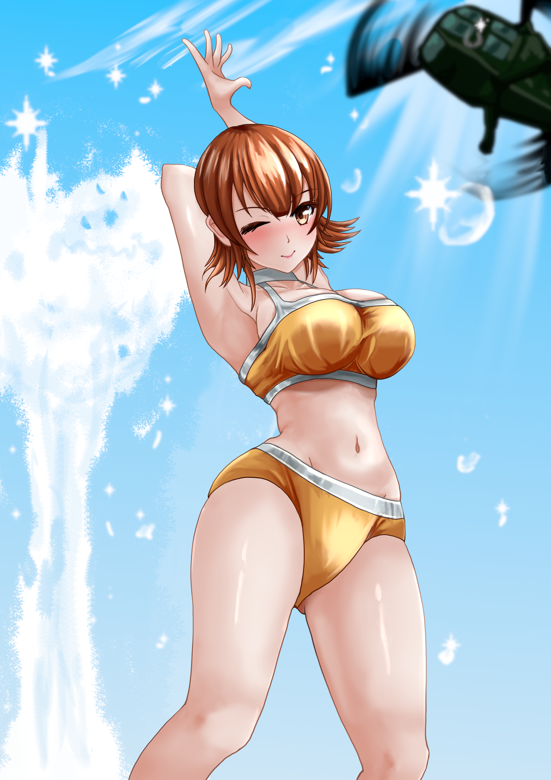 richard p. leary (kancolle), richard p. leary (swimsuit) (kancolle), yasakae (coumin c), kantai collection, absurdres, highres, 1girl, aircraft, arm up, bikini, blue sky, breasts, brown eyes, brown hair, choker, feet out of frame, flipped hair, helicopter, large breasts, looking at viewer, orange bikini, short hair, sky, solo, splashing, swimsuit, water, white choker