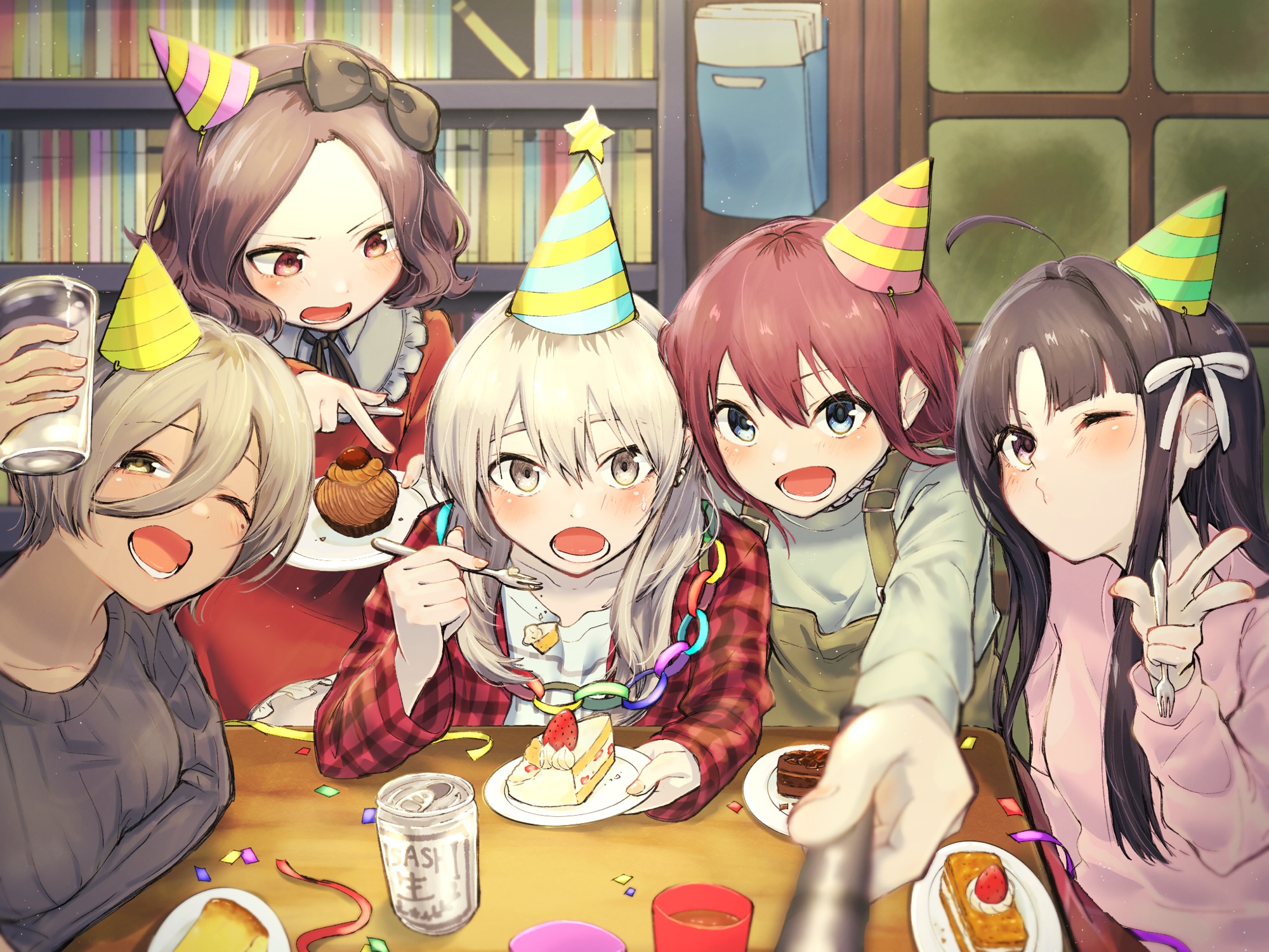 ayataka syumimi, awa subaru, ebizuka tomo, iseri nina, kawaragi momoka, rupa (girls band cry), asahi breweries, girls band cry, commentary request, highres, 5girls, ahoge, black bow, black hairband, black ribbon, blue eyes, blush, bookshelf, bow, brand name imitation, brown eyes, brown hair, brown overalls, cake, collarbone, confetti, dress, food, fork, fruit, grey eyes, grey hair, grey sweater, hair between eyes, hair bow, hair ribbon, hairband, hat, holding, holding fork, holding plate, indoors, jacket, long hair, long hair between eyes, lower teeth only, mole, mole under eye, multicolored hair, multiple girls, neck ribbon, one eye closed, open clothes, open jacket, overalls, parted bangs, party hat, pink sweater, plaid clothes, plaid jacket, plate, purple eyes, red dress, red eyes, red hair, red jacket, ribbon, roots (hair), selfie, selfie stick, shirt, short hair, sidelocks, strawberry, sweater, teeth, togenashi togeari, w, white ribbon, white shirt