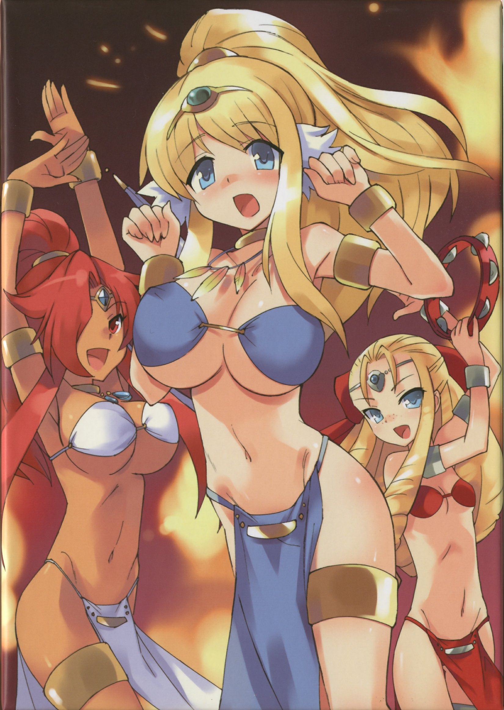 usatsuka eiji, kirche augusta frederica von anhalt zerbst, montmorency margarita la fere de montmorency, tiffania westwood, zero no tsukaima, highres, official art, scan, 00s, 3girls, armpits, arms up, belly dancer, bikini, blonde hair, blue eyes, blush, breasts, dancer, dancing, dark-skinned female, dark skin, drill hair, elf, fire, freckles, hair over one eye, huge breasts, jewelry, long hair, lots of jewelry, multiple girls, open mouth, pelvic curtain, pointy ears, ponytail, red eyes, red hair, swimsuit, underboob