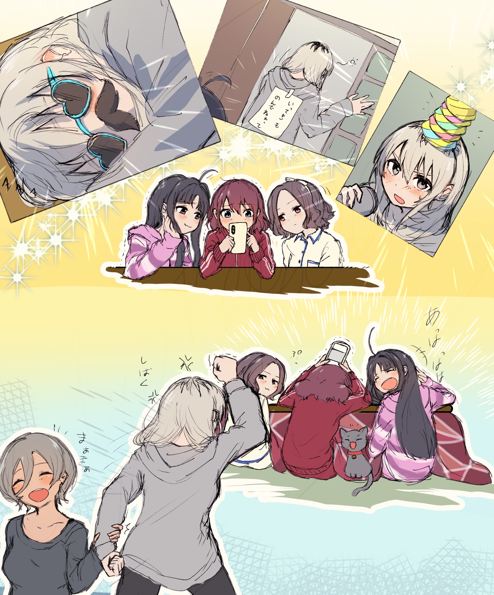 ayataka syumimi, awa subaru, ebizuka tomo, iseri nina, kawaragi momoka, rupa (girls band cry), girls band cry, commentary request, highres, translation request, 5girls, :3, ahoge, angry, beer can, black hair, black pants, blush, can, cat, cellphone, closed eyes, drink can, drunk, fake facial hair, fake mustache, grey hair, grey hoodie, grey shirt, hair between eyes, hairband, head rest, holding, holding another's wrist, holding can, holding phone, hood, hood down, hoodie, jacket, kotatsu, long hair, long hair between eyes, long sleeves, multicolored hair, multiple girls, novelty glasses, open mouth, pants, parted bangs, phone, purple eyes, red eyes, red jacket, roots (hair), shirt, short hair, sidelocks, sleeping, smartphone, squeans, sunglasses, table, togenashi togeari, white hairband