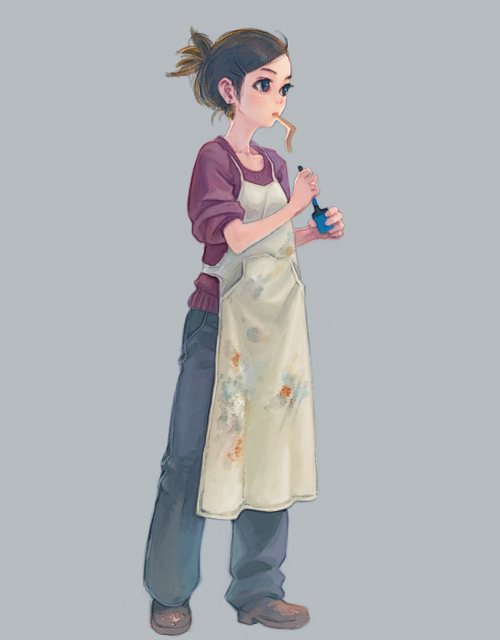 weno, original, apron, black eyes, black hair, mouth hold, painting (action), short hair, simple background, solo