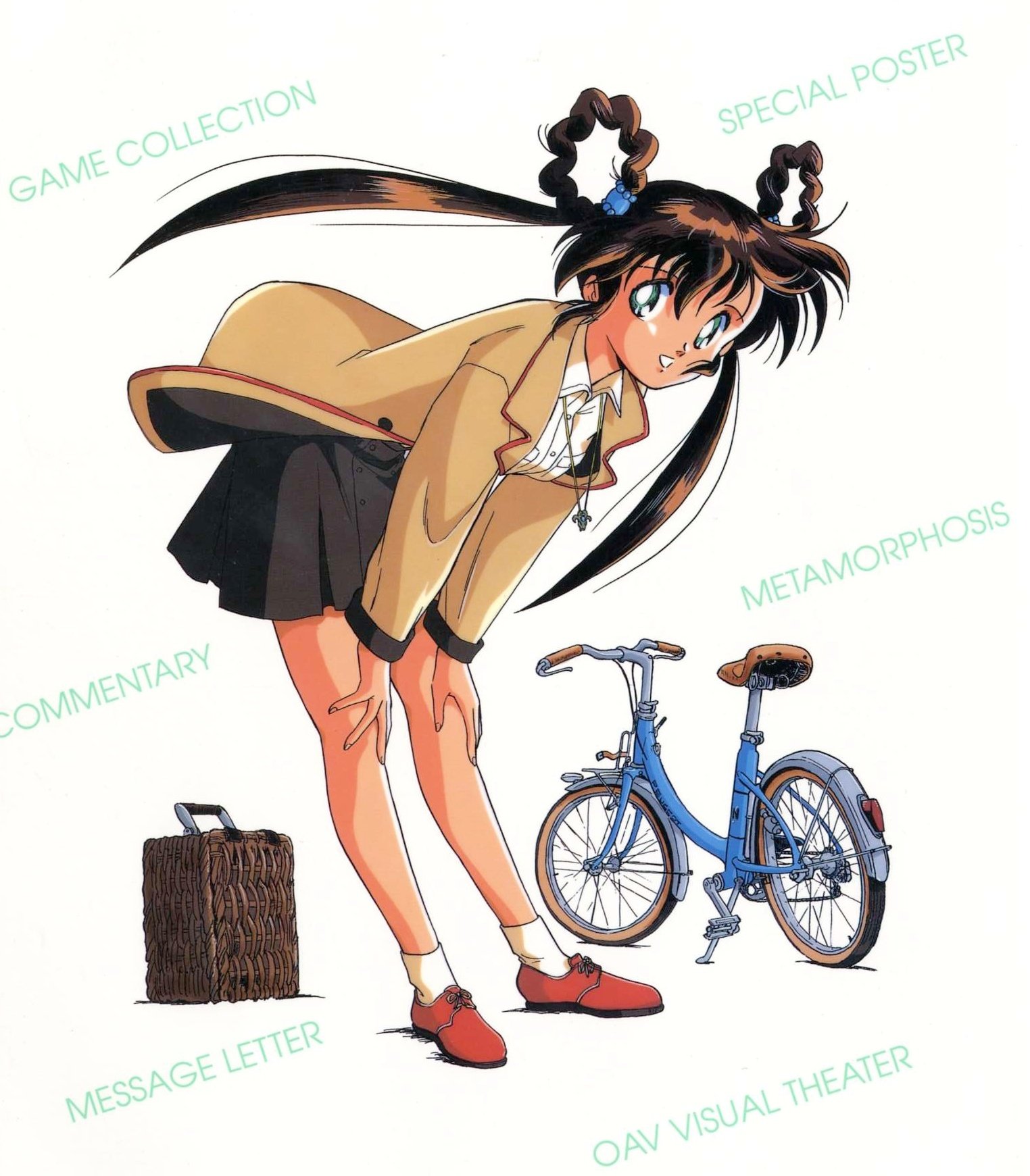 miyao gaku, mano youko, mamono hunter youko, highres, official art, 1990s (style), 1girl, bicycle, black skirt, braid, braided hair rings, brown hair, full body, hair rings, jewelry, long hair, looking at viewer, necklace, retro artstyle, simple background, skirt, smile, solo, watermark, white background