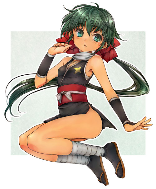 kiro (an kilo), kiro (pixiv), azumaya koyuki, keroro gunsou, 1girl, armband, armpits, clog sandals, female focus, flat chest, green eyes, green hair, hair ribbon, japanese clothes, long hair, matching hair/eyes, ninja, no panties, ribbon, sandals, scarf, solo, tabi, zouri