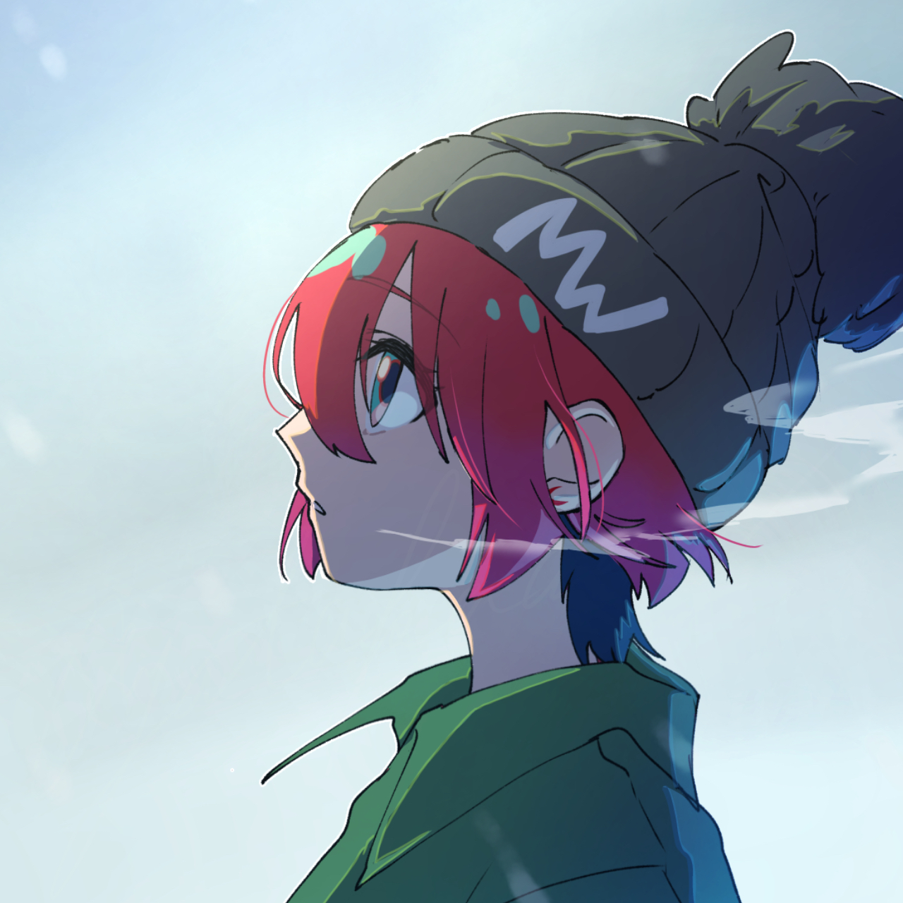 ayataka syumimi, amate yuzuriha, gundam, gundam gquuuuuux, commentary, highres, 1girl, aqua eyes, beanie, green shirt, grey hat, hat, open mouth, red hair, shirt, short hair, smoke, solo