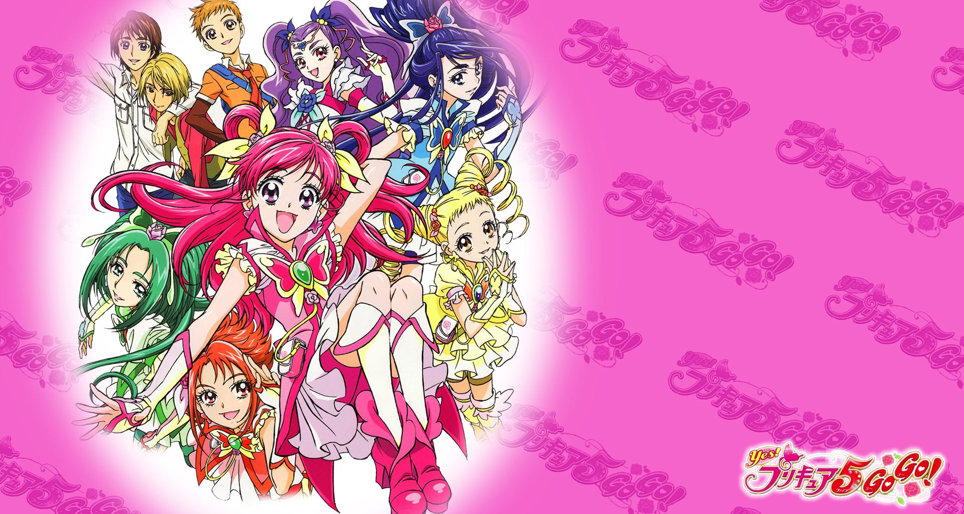 kawamura toshie, akimoto komachi, amai shirou, coco (yes! precure 5), cure aqua, cure dream, cure lemonade, cure mint, cure rouge, kasugano urara (yes! precure 5), kokoda kouji, milk (yes! precure 5), milky rose, mimino kurumi, minazuki karen, natsu (yes! precure 5), natsuki rin, natts, nuts (yes! precure 5), syrup (yes! precure 5), yumehara nozomi, precure, yes! precure 5, yes! precure 5 gogo!, highres, official art, 00s, 3boys, 6+girls, :d, blonde hair, blue eyes, blue hair, brown eyes, brown hair, butterfly hair ornament, cone hair bun, drill hair, eyelashes, green eyes, green hair, hair bun, hair ornament, long hair, magical girl, multiple boys, multiple girls, open mouth, orange eyes, orange hair, own hands together, pink hair, pink shorts, purple eyes, purple hair, red eyes, shorts, smile, twin drills, twintails, two side up
