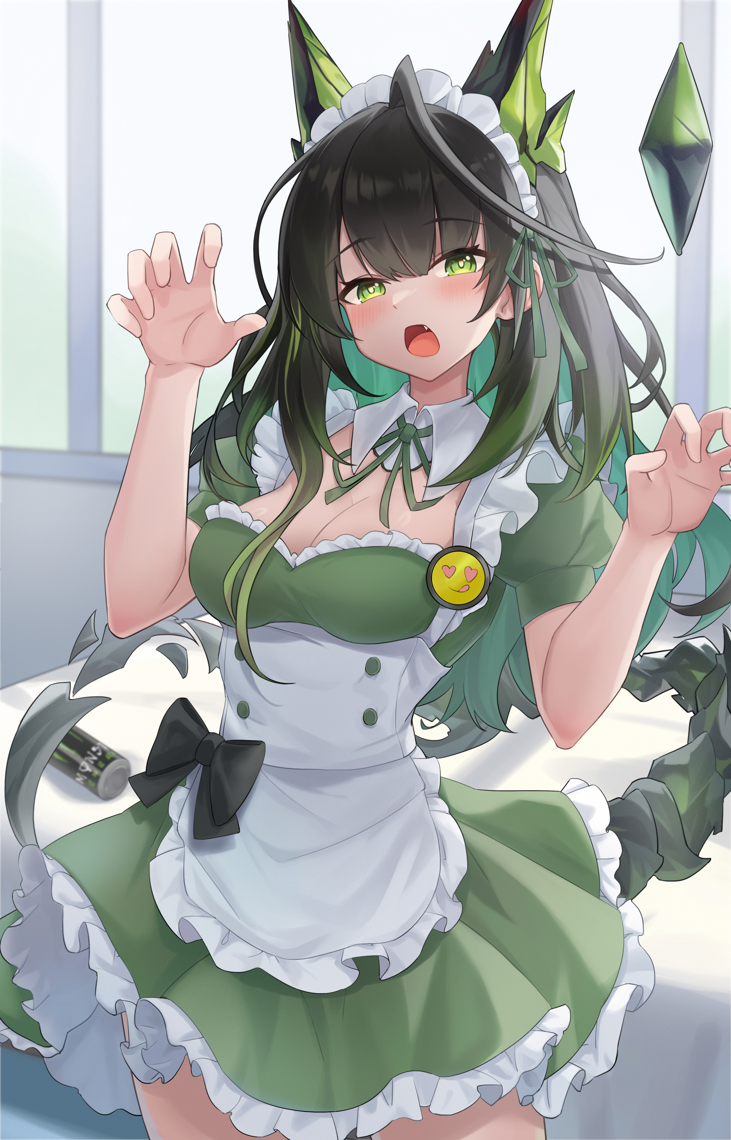 sktre12, mon3tr (arknights), arknights, monster energy, absurdres, commentary request, highres, 1girl, ahoge, apron, bar censor, bed, black hair, black ribbon, blush, breasts, breasts out, bright pupils, can, censored, claw pose, cleavage, colored inner hair, cowboy shot, crystal horns, crystal tail, dress, emoji, energy drink, fang, frilled dress, frills, green dress, green eyes, green hair, green streaks, groin, hands up, huge ahoge, long hair, looking at viewer, maid, medium breasts, multicolored hair, naked apron, nipples, nude, open mouth, ribbon, sidelocks, solo, standing, tail, white apron, white pupils, window