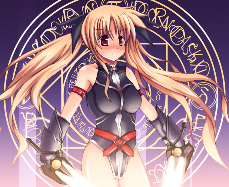 bardiche (nanoha), bardiche (riot zanber stinger) (nanoha), fate testarossa, fate testarossa (true sonic form), lyrical nanoha, mahou shoujo lyrical nanoha, mahou shoujo lyrical nanoha strikers, bad id, bad pixiv id, 00s, 1girl, blonde hair, female focus, leotard, magic circle, octagram, red eyes, solo, twintails
