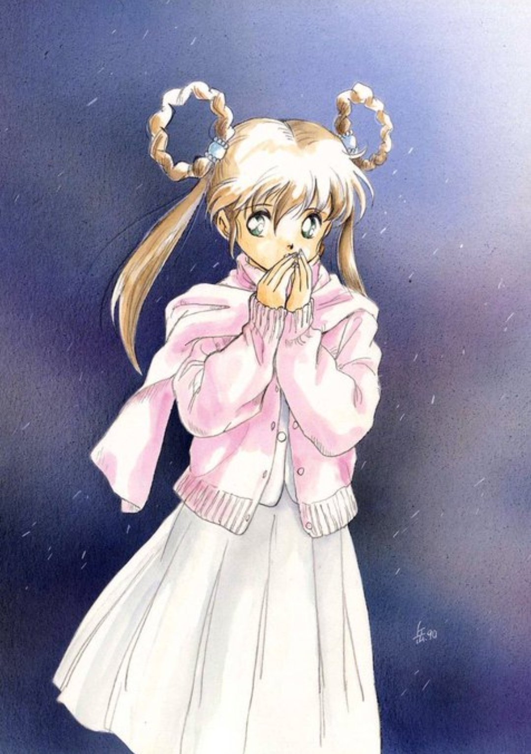 miyao gaku, mano youko, mamono hunter youko, highres, official art, 1girl, braid, braided hair rings, brown hair, hair rings, jacket, long hair, looking at viewer, retro artstyle, scarf, skirt, solo, twintails, white skirt