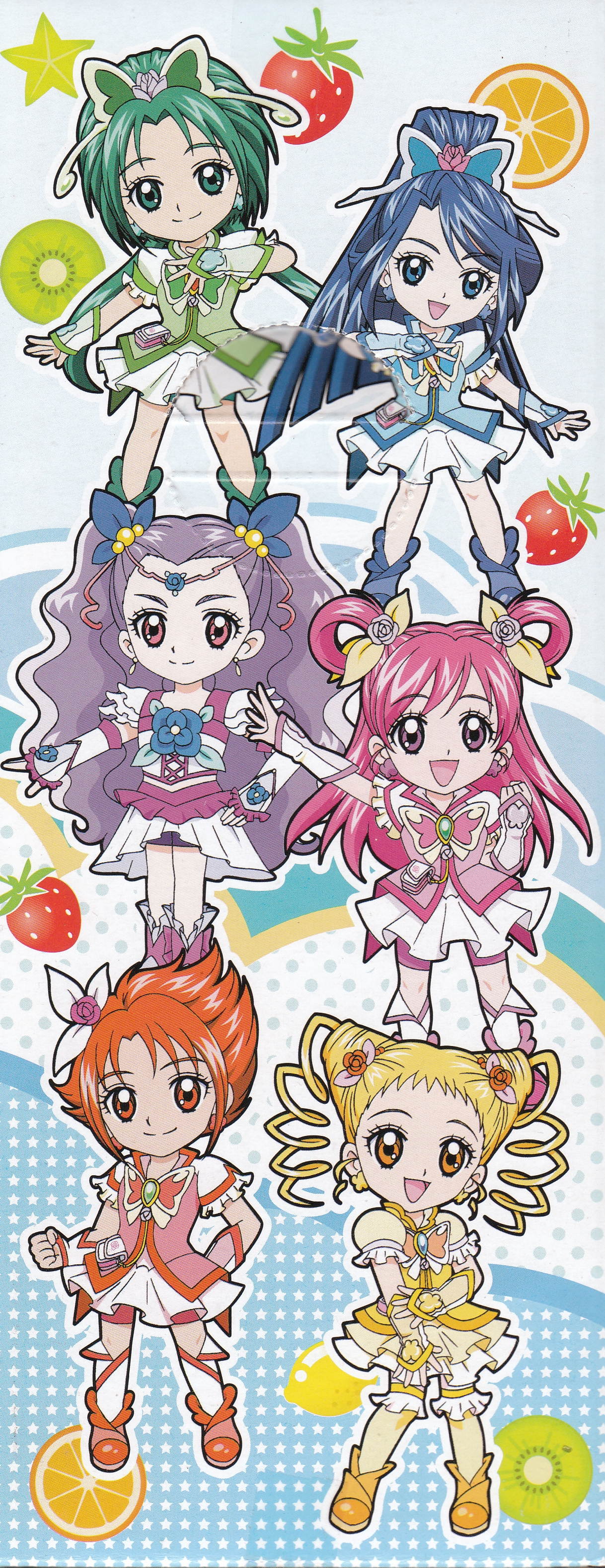 akimoto komachi, cure aqua, cure dream, cure lemonade, cure mint, cure rouge, kasugano urara (yes! precure 5), milk (yes! precure 5), milky rose, mimino kurumi, minazuki karen, natsuki rin, yumehara nozomi, precure, yes! precure 5, yes! precure 5 gogo!, absurdres, highres, official art, 00s, 6+girls, chibi, magical girl, multiple girls