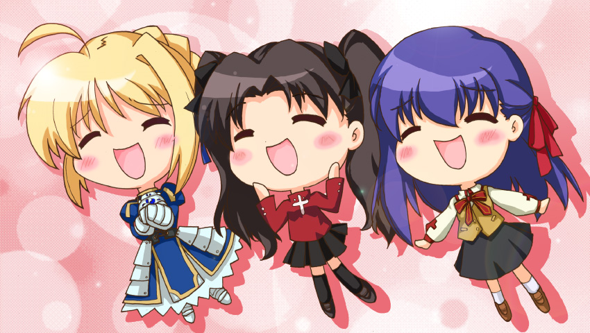 zipang (zip@ng works), artoria pendragon (fate), matou sakura, saber (fate), tohsaka rin, fate/stay night, fate (series), oyome ni shinasai, bad id, bad pixiv id, 3girls, blonde hair, brown hair, chibi, multiple girls, parody, purple hair, thighhighs