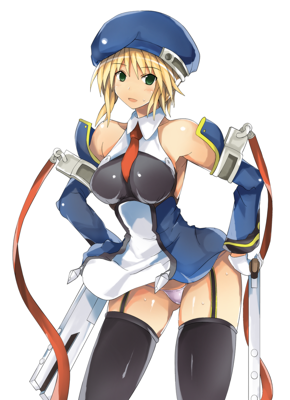usugiri bacon, noel vermillion, arc system works, blazblue, alternate breast size, bad id, bad pixiv id, highres, 1girl, beret, blonde hair, blush, bolverk, breasts, detached sleeves, dual wielding, female focus, garter belt, green eyes, gun, hands on own hips, hat, hip focus, holding, large breasts, lowleg, lowleg panties, necktie, panties, pantyshot, solo, thighhighs, underwear, weapon, wide hips