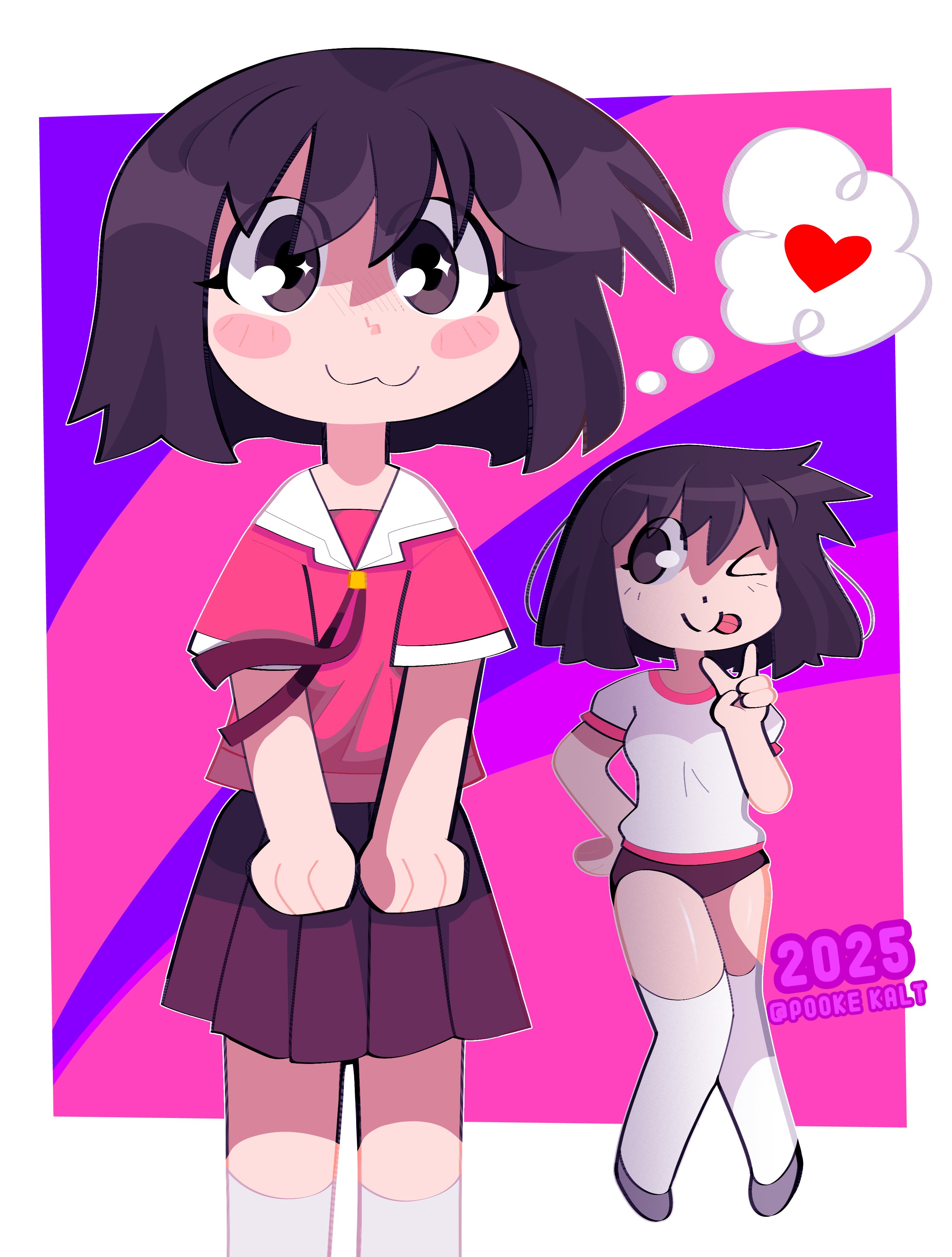 kaori (azumanga daioh), azumanga daiou, absurdres, highres, 1girl, 2025, :3, artist name, azumanga daioh's school uniform, blush, breasts, brown eyes, brown hair, gym uniform, heart, image in thought bubble, one eye closed, outside border, pookekalt, school uniform, short hair, smile, socks, tongue, tongue out, toon (style), v, white socks