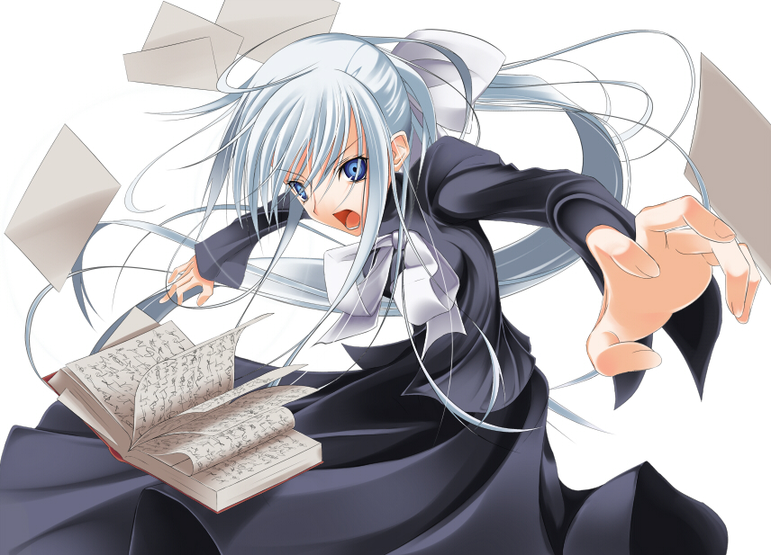 doatobira, original, bad id, bad pixiv id, blue eyes, blue hair, book, bow, hair bow, long hair, paper, ponytail, solo