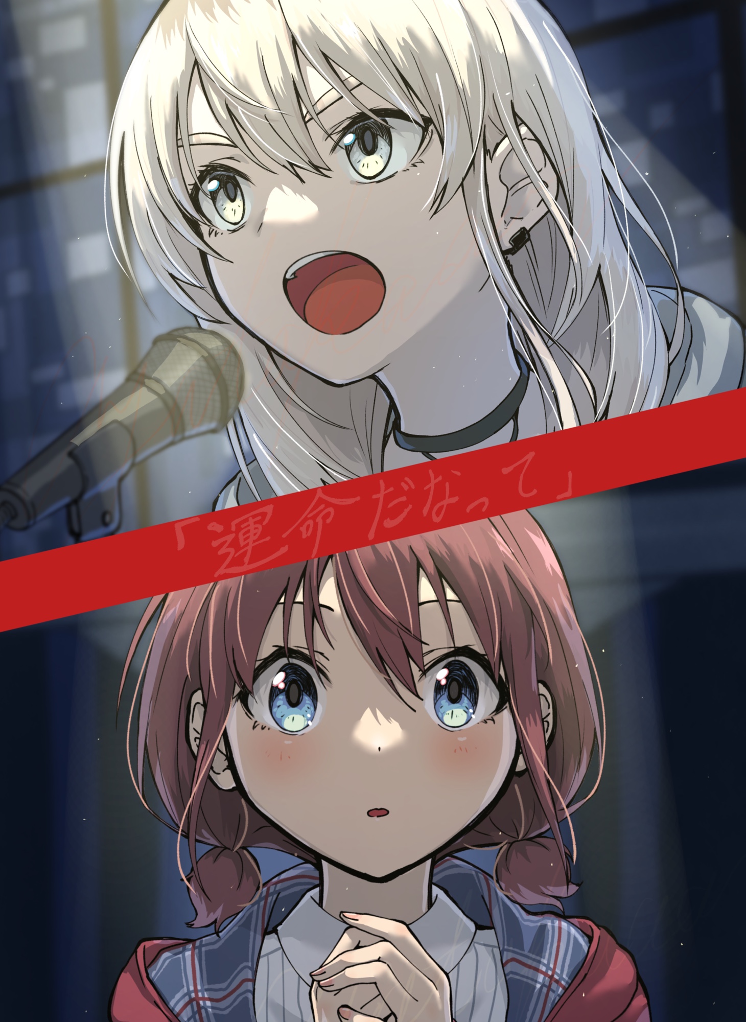 ayataka syumimi, iseri nina, kawaragi momoka, girls band cry, commentary, english commentary, highres, translation request, 2girls, blue eyes, blush, brown hair, collar, earrings, grey eyes, grey hair, jewelry, long hair, low twintails, microphone, multiple girls, open mouth, own hands clasped, own hands together, shirt, short twintails, twintails, white shirt
