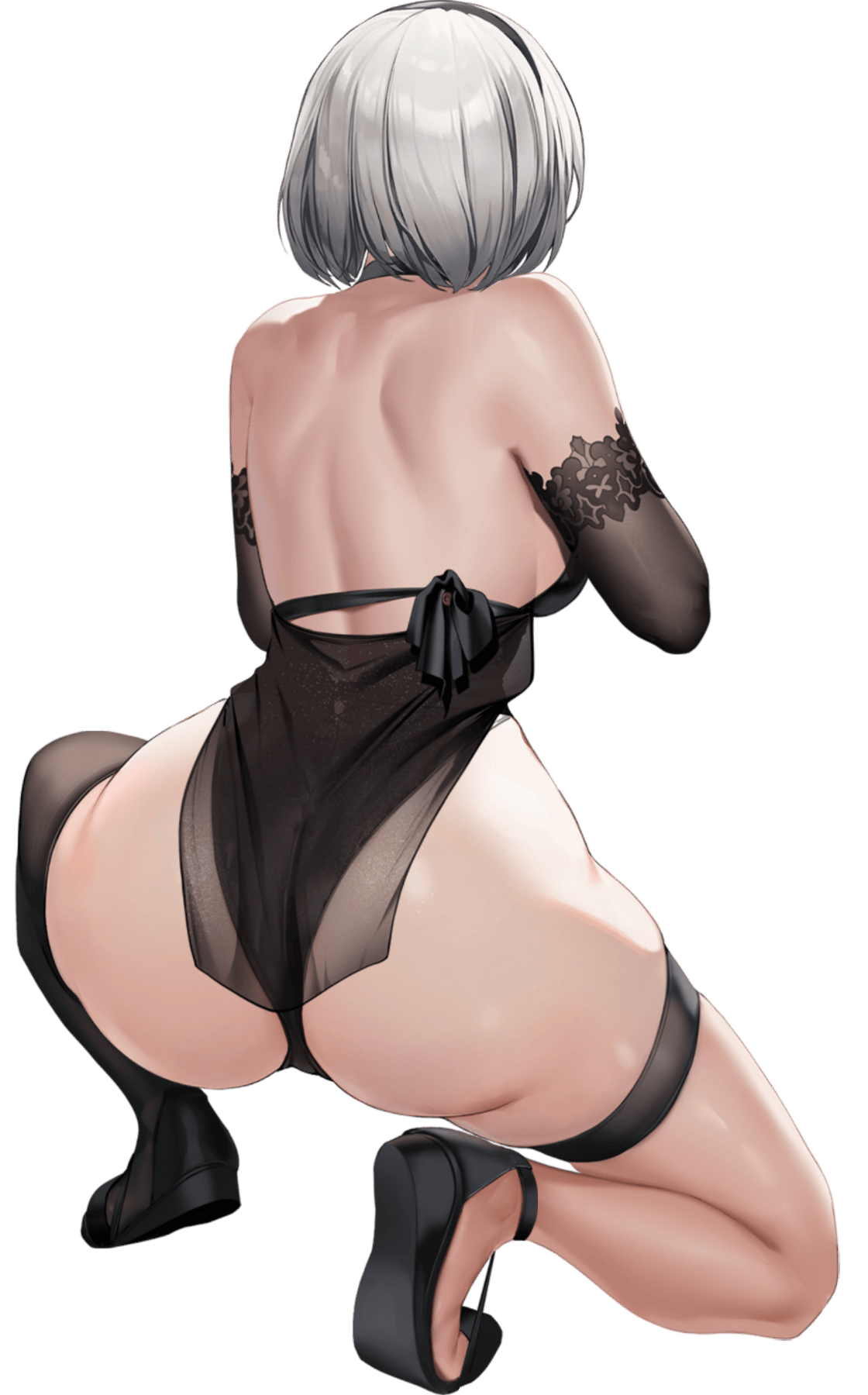 bumcha, 2b (nier:automata), 2b (yorha unofficial waterfront gear) (nikke), goddess of victory: nikke, nier:automata, nier (series), highres, non-web source, official art, 1girl, aiming, alternate costume, ass, black hairband, black one-piece swimsuit, black thighhighs, breasts, crossover, curvy, full body, hairband, highleg, highleg one-piece swimsuit, holding, holding weapon, huge ass, looking ahead, medium hair, narrow waist, official alternate costume, one-piece swimsuit, pelvic curtain, ryona, see-through clothes, see-through pelvic curtain, sideboob, single thighhigh, skindentation, squatting, swimsuit, thick thighs, thigh strap, thighhighs, thighs, thong, thong one-piece swimsuit, transparent background, underboob, weapon, white hair, wide hips