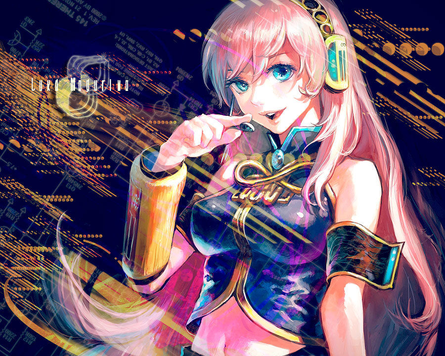 taira, megurine luka, vocaloid, bad id, bad pixiv id, blue eyes, headphones, long hair, midriff, pink hair, solo