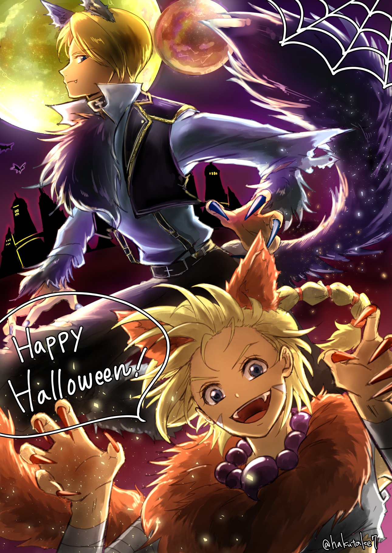 hakutake, kid (chrono cross), norris (chrono cross), chrono cross, highres, 1boy, 1girl, blonde hair, closed mouth, facial mark, full moon, halloween, high ponytail, jewelry, long hair, looking at viewer, moon, multi-tied hair, necklace, open mouth, ponytail, smile, vest