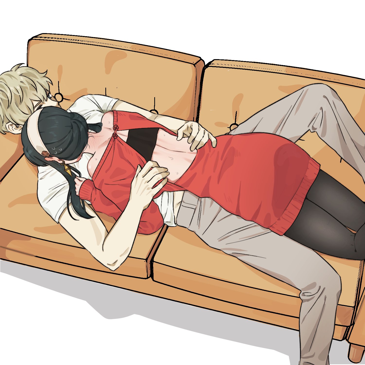 saeng-yang, twilight (spy x family), yor briar, spy x family, highres, 1boy, 1girl, arm around back, backless dress, backless outfit, bare shoulders, black hair, black pantyhose, blonde hair, couch, couple, dress, earrings, girl on top, gold earrings, grey pants, hair between eyes, hairband, hetero, jewelry, long hair, long sleeves, midriff, midriff peek, off-shoulder dress, off shoulder, pants, pantyhose, red dress, shirt, short dress, short hair, sidelocks, sweatdrop, sweater, sweater dress, t-shirt, tight clothes, tight shirt, updo, white hairband, white shirt