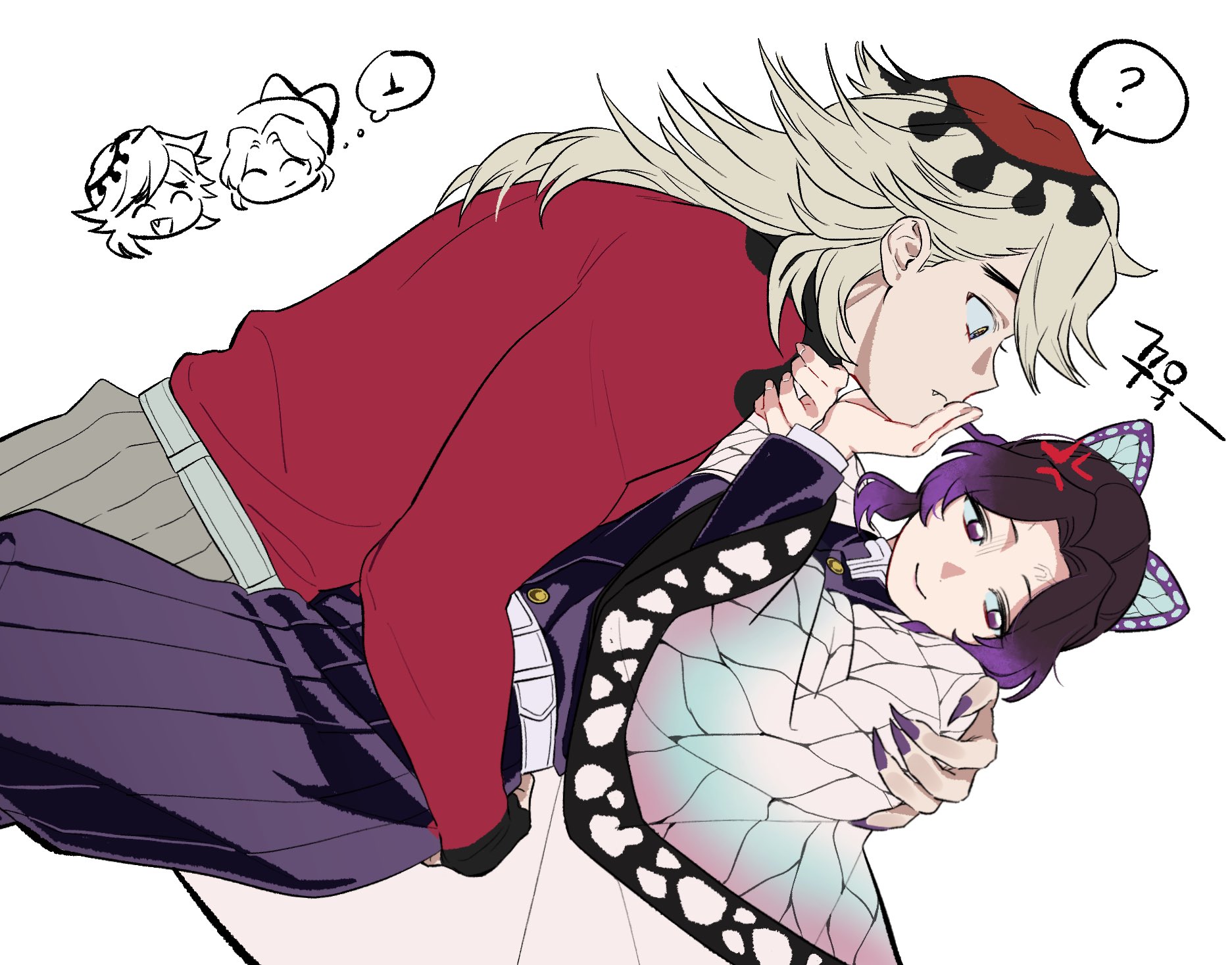 saeng-yang, douma (kimetsu no yaiba), kochou shinobu, kimetsu no yaiba, highres, 1boy, 1girl, ?, anger vein, animal print, arm around waist, belt, black gloves, black hair, black jacket, black pants, blonde hair, butterfly hair ornament, butterfly print, chibi, chibi inset, claws, fang, fang out, feet out of frame, fingerless gloves, fingernails, forced smile, gloves, gold buttons, grey pants, hair ornament, hakama, hakama pants, hand on another's face, haori, jacket, japanese clothes, long fingernails, long hair, looking at another, multicolored hair, pants, parted bangs, print haori, purple eyes, purple hair, purple nails, red shirt, sharp fingernails, shirt, sidelocks, spoken question mark, two-tone hair, updo, veiny face, white background, white belt