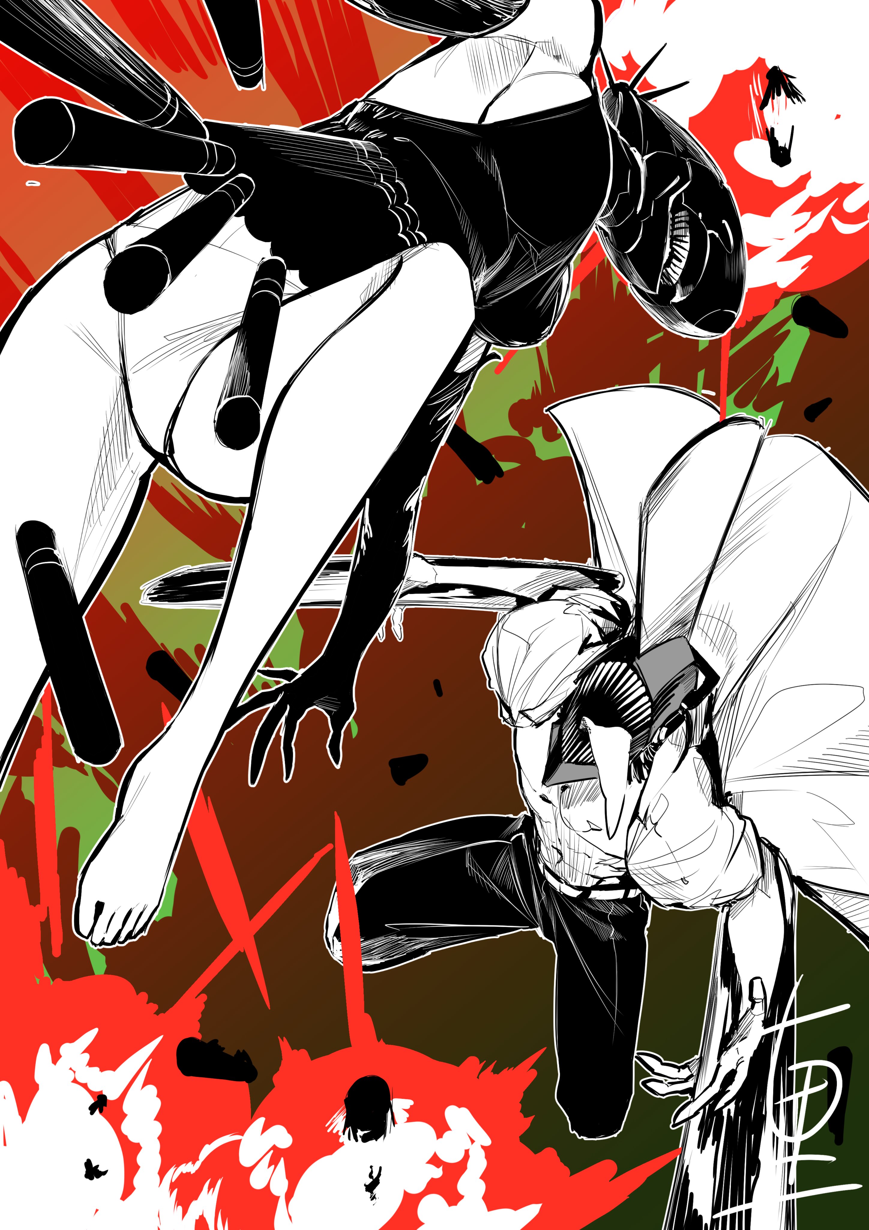 bomb devil (chainsaw man), denji (chainsaw man), reze (chainsaw man), chainsaw man, absurdres, highres, 1boy, 1girl, barefoot, chainsaw, fccrcrvim924172, jumping, leg up, monochrome, panties, sharp teeth, sketch, teeth, tongue, tongue out, underwear